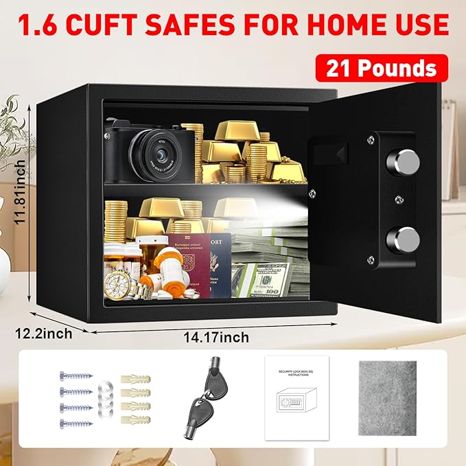 1.6 Cu ft Small Fireproof Safe Box, Digital Security Home Safes Water and Fireproof with Electronic Keypad Keys and Alarm System, Fire Safe for Home Money Medicine Valuables