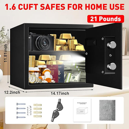 1.6 Cu ft Small Fireproof Safe Box, Digital Security Home Safes Water and Fireproof with Electronic Keypad Keys and Alarm System, Fire Safe for Home Money Medicine Valuables