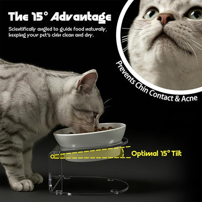 LivLab Mker Raised Cat Bowl, Elevated Cat Food Bowls with Stand - 15° Tilted Shallow Cat Dish for Whisker Fatigue Relief, 4.5" Height for Easy Feeding, Lead & Cadmium Free Melamine Bowl, White