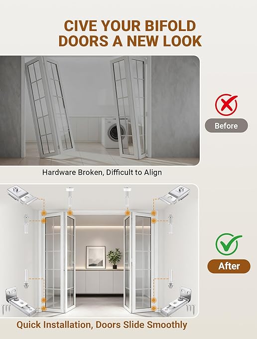 Bifold Door Hardware Repair Kit, 2 Set Bi-fold Sliding Closet Doors Replacement Parts with Top & Bottom Brackets, Pivots & Guides Wheel, Closet Door Hardware Kit for Folding Pocket & Accordion