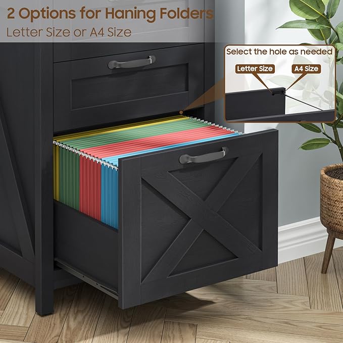 3 Drawer Small File Cabinet, Farmhouse Vertical Filing Cabinet Fits Letter and A4 Size, Under Desk Wooden File Cabinets for Home Office, Printer Stand, Black
