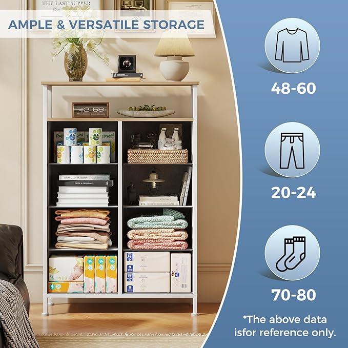 DUMOS TV Stands for Living Room with 8 Drawers, Tall 8-Drawer Chest of Drawers with Raised Shelf, Storage Tower with Fabric Bins for Organization, Hallway Storage, Light Grey