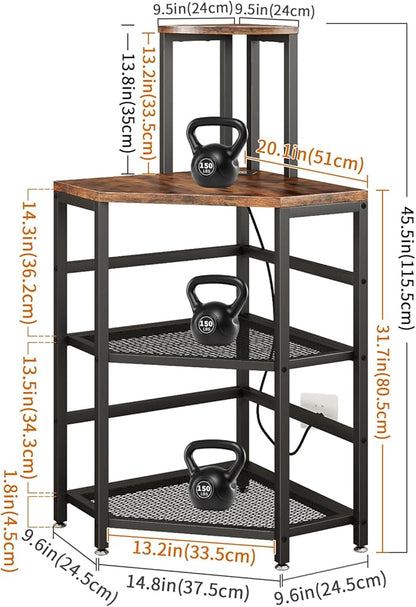 Corner Printer Stand Table, with Power Outlet and USB Charging & LED Lights, for Home Printer Stands, Storage Shelf, Computer Tower/CPU Stand Holder for Home Office, Rustic Brown