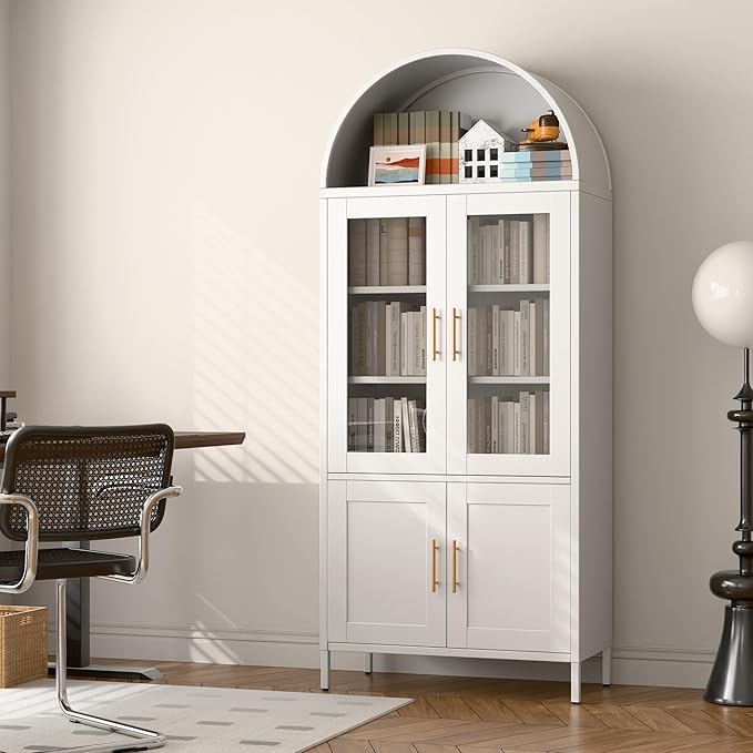 Metal Arched Pantry Cabinet with 2 Drawers,White Arched Kitchen Pantry Cabinet with Glass Door for Kitchen Home, Assemble Required,White,72.76"×30.83" W×16.10" D