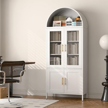 Metal White Arched Pantry Cabinet with 4 Doors,Arched Bookcase Cabinet with 2 Adjustable Shelves for Kitchen Home Office,Required Assembly
