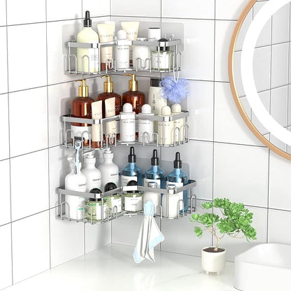 Menbyci 3 Pack Corner Shower Caddy, Adhesive Bathroom Shelves with 18 Hooks, Drill-Free & Quick-Dry Shower Organizer with Large Capacity, Rustproof Stainless Steel Bathroom Corner Storage Rack, Silver