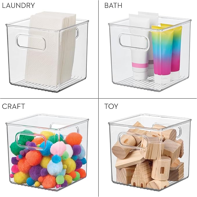 iDesign Pantry Storage Bins with Handles - Cube Organizer Bins for Cabinets or Fridge - Set of 4 - Clear