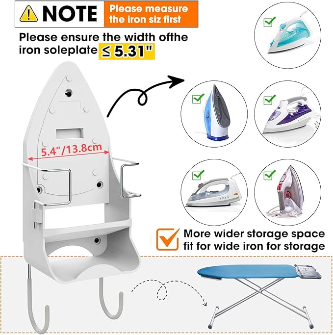 Wall Mount Iron,Ironing Board Hanger for Household Bathroom and Laundry Room, Electric Iron Holder with Hook-for Max 5.4" (White)