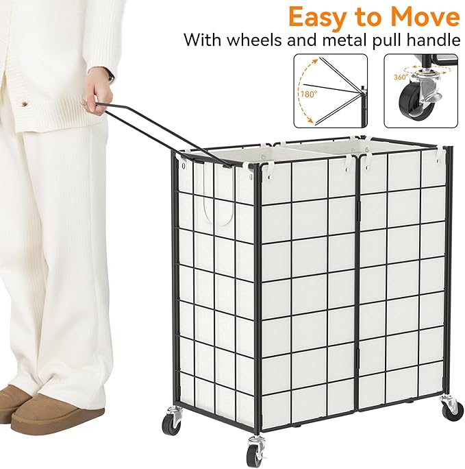 WOWLIVE Double Laundry Hamper with Wheels,Metal Wire Frame Rolling Laundry Basket with 2 Removable bags,120L Dirty Clothes Hamper Organizer Dorm Room Storage for Bedroom,Bathroom,Black and White