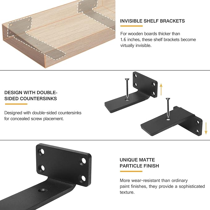 HITOMEN Heavy Duty Floating Shelf Brackets, 4-Inch (1/5'' Thick) Hidden Shelves Hardware, Iron L Brackets, Rustic Industrial Black Metal Wall Shelving Supports, 12 Pack