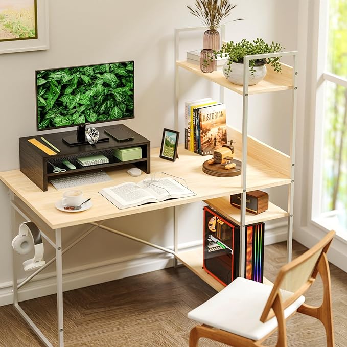 Simpple Trending Monitor Stand Riser, 2 Tier Wood Office Desk Storage Organizer for Laptop, Computer, Black