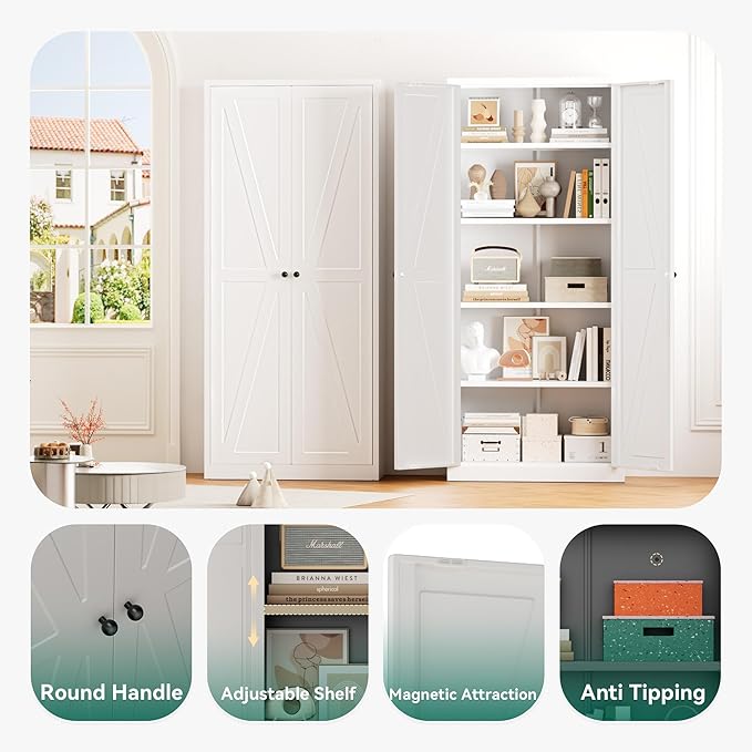 Greenvelly Metal Cabinet, 63" H White Metal Storage Cabinet with Doors and 4 Shelves, Pantry Storage Cabinet for Kitchen, Bedroom, Living Room, Office (Farmhouse)
