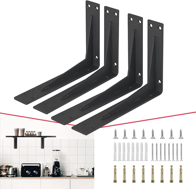 CLT 8” Black Shelf Bracket, 1/5" Thick – Heavy Duty Corner Brace, Supports 220 lbs, Industrial Modern Farmhouse Style – Right Angle Bracket for Tables, Benches, DIY Space-Saving Projects (Pack of 4)