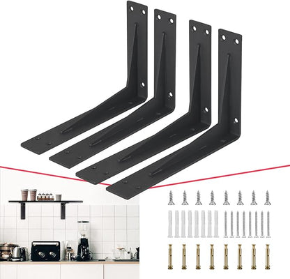 CLT 8” Black Shelf Bracket, 1/5" Thick – Heavy Duty Corner Brace, Supports 220 lbs, Industrial Modern Farmhouse Style – Right Angle Bracket for Tables, Benches, DIY Space-Saving Projects (Pack of 4)