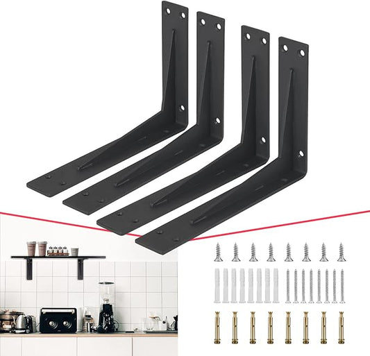 CLT 8” Black Shelf Bracket, 1/5" Thick – Heavy Duty Corner Brace, Supports 220 lbs, Industrial Modern Farmhouse Style – Right Angle Bracket for Tables, Benches, DIY Space-Saving Projects (Pack of 4)
