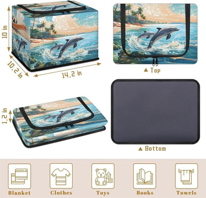 Ocean Beach Dolphin Storage Bins with Zipper Lid, Collapsible Fabric Storage Basket with Leather Handles Closet Shelf Cloth Organizer Basket for Nursery Bedroom Clothes Toy