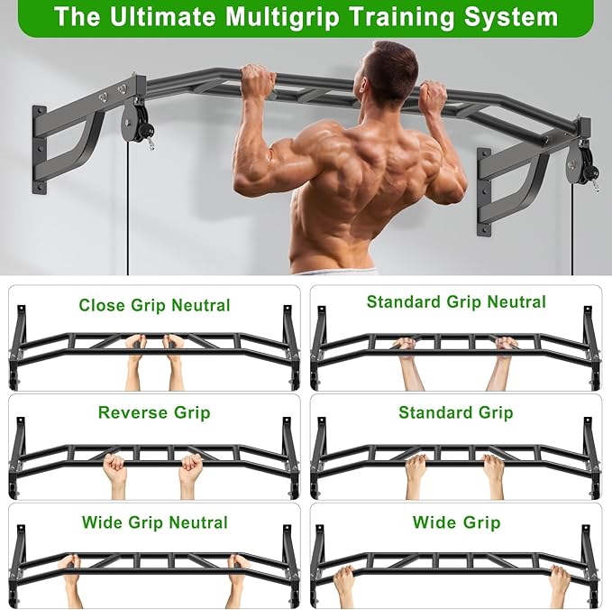 SELEWARE 48'' Heavy Duty Pull Up Bar Wall Mount Multi-function Chin up Bar with Home Gym Cable Pulley System LAT Pulldown Workout Attachments Heavy Bag Hanger