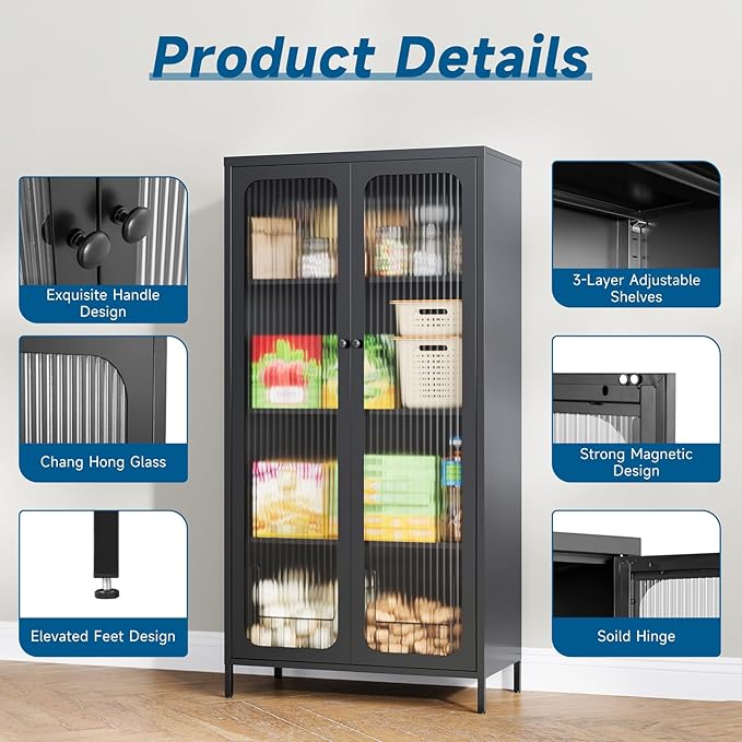 63'' Kitchen Pantry Storage Cabinet, Display Cabinet with Glass Doors and 3 Adjustable Shelves, Metal Kitchen Hutch Storage Cabinet for Dining Room, Living Room (Black)