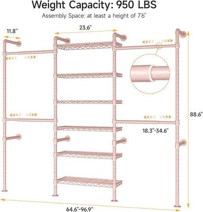 ONBRILL H3 Wall Mounted Closet System, Expandable Industrial Pipe Clothes Rack Clothing Rack for Hanging Clothes, Heavy Duty Closet Organizers and Storage in Wardrobe Closet, Pink