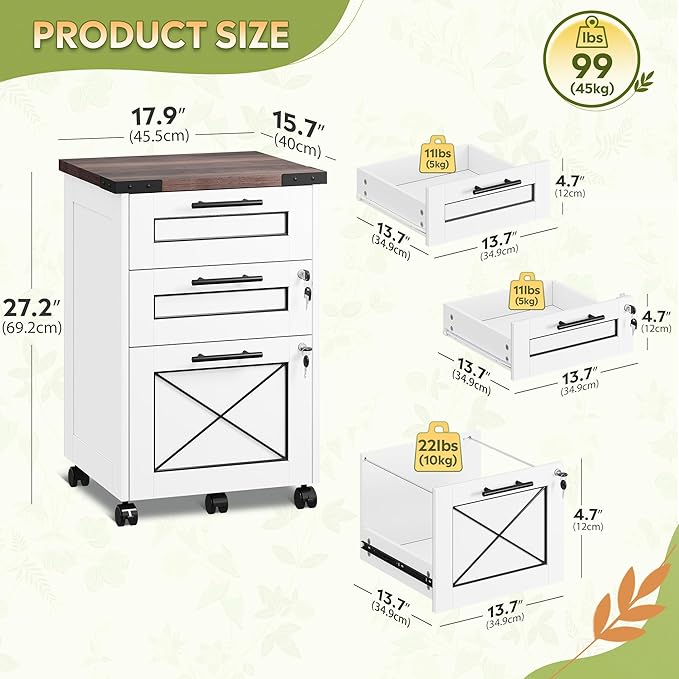 DEVAISE 3-Drawer File Cabinet with Hanging Files, Mobile Rolling Storage Cabinet for Home Office, Printer Stand, Farmhouse Style, White