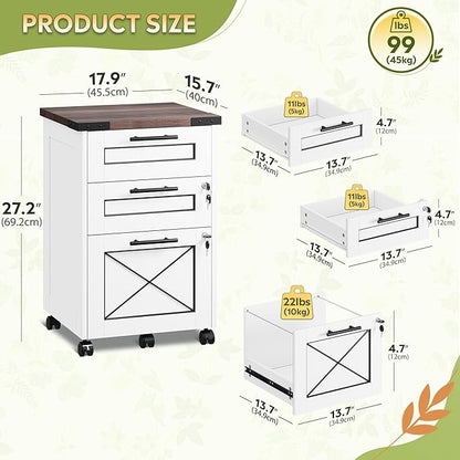 DEVAISE 3-Drawer File Cabinet with Hanging Files, Mobile Rolling Storage Cabinet for Home Office, Printer Stand, Farmhouse Style, White