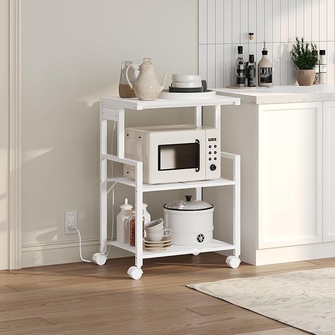 Mobile Printer Stand, 3-Tier Industrial Printer Cart with 2 AC Outlets and 2 USB Ports, Rolling Printer Table on Wheels for Home Offices Kitchen Organization Rack, White PTWT78E01