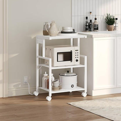 Mobile Printer Stand, 3-Tier Industrial Printer Cart with 2 AC Outlets and 2 USB Ports, Rolling Printer Table on Wheels for Home Offices Kitchen Organization Rack, White PTWT78E01
