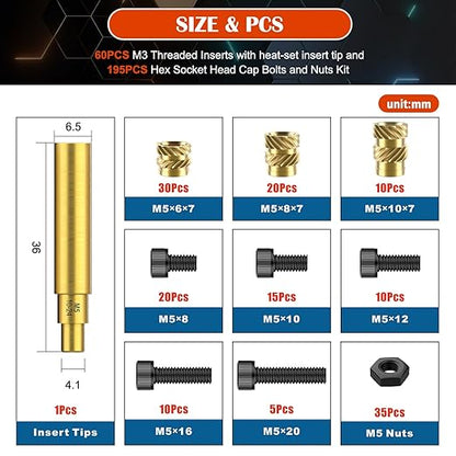 156Pcs M5 Threaded Inserts with Heat Set Insert Tips & Hex Socket Head Cap Bolt Set, Brass Heat Set Insert for Plastic and 3D Printing Components