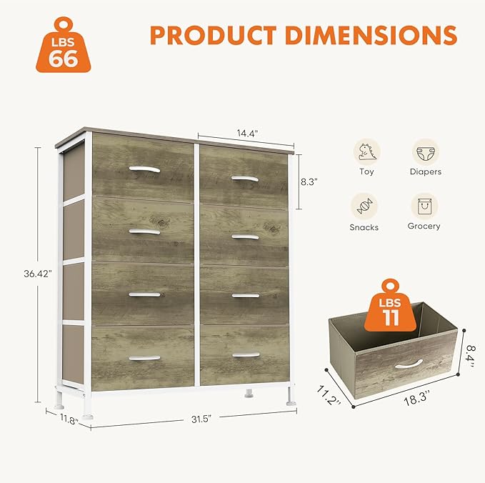 Sweetcrispy 8 Drawer Dresser for Bedroom Large Fabric Storage Tower Organizer Chest of Drawers with Metal Frame and Wooden Top for Nursery Closet Living Room Entryway, Oak Finish
