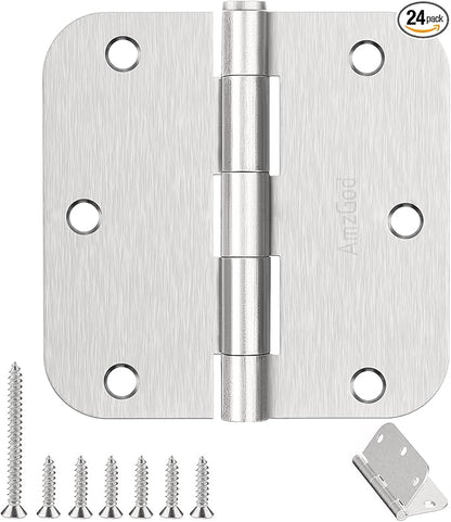 Door Hinges Brushed Nickel - 24 Pack Nickel Door Hinges 3.5 Inch Rounded Interior Satin Nickel Door Hinge with 5/8" Radius - Flat Iron Residential Standard 3 1/2 Inches Silver Door Hardware