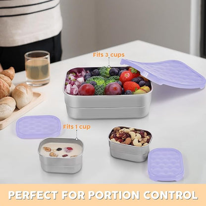 Small Stainless Steel Lunch Containers for Kids | Leak Proof BPA Free Snack Containers with 100% Pure Silicone Lids - Perfect Metal Lunch Box with Lids for School and Daycare (25oz+8oz*2)