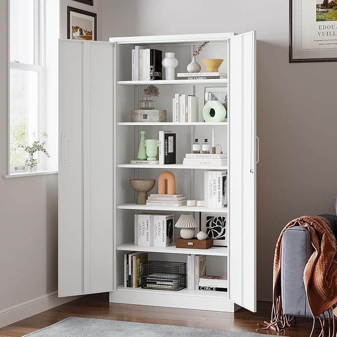 Metal Garage Storage Cabinet, 71" Locking Cabinet with 2 Doors and 5 Adjustable Shelves, White