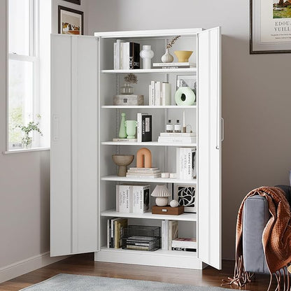 Metal Garage Storage Cabinet, 71" Locking Cabinet with 2 Doors and 5 Adjustable Shelves, White