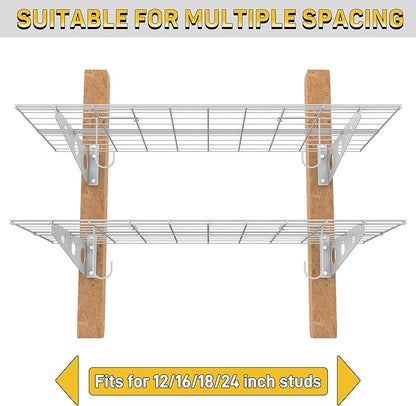 Ultrawall Garage Wall Shelves, 2 x 4 ft Wall Mounted Storage Shelves, Heavy Duty Wall Shelving with Hooks, Holds Up to 220 Lbs, 2Pack, White