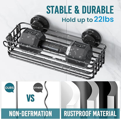 TAILI Shower Caddy Suction Cup, 3 Pack Shelves for Inside with Hooks & Soap holder Toothbrush Cups, Removable Bathroom Organizer, Rustproof Black Holder Storage-Black