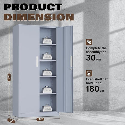 Metal Garage Storage Cabinet, 72” Lockable File Cabinets with 2 Doors and 4 Adjustable Shelves, Steel Tool Cabinets with Lock for Office, Home, Living Room, Cement Grey