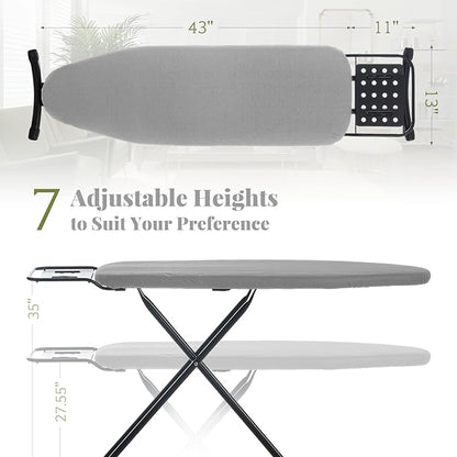 Ironing Board Full Size, RAINHOL 43"x13" Heavy Duty Compact Iron Board with Iron Rest, Height Adjustable Sturdy Iron Stand, Grey Cover with Extra Thick Padding