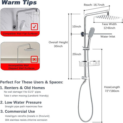 Rain Shower System with Shelf, 12 Inch Rain Shower Head Set with Hand Shower Head, SonTiy Dual Shower Combo with Height Adjustable Holder, Brass Valve, Chrome