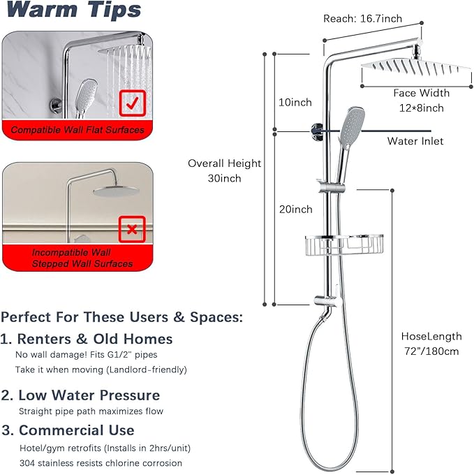 Rain Shower System with 304Stainless Steel Shelf, 12 Inch Rainfall Shower Head System with Handheld Spray, SonTiy Dual Shower Combo with Height Adjustable Holder, Brass Diverter, 1.8 GPM, Chrome