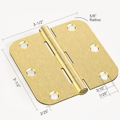 Satin Brass Door Hinges - 12 Pack Gold Door Hinges 3.5 Inch Rounded Interior Door Hinge with 5/8" Radius - 3 1/2 Inches Flat Iron Brass Hinges for Residential Standard Doors