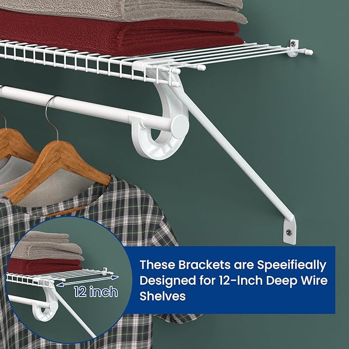 12 Inch Wire Shelf Support Brackets Kit, Includes 2 Wire Rack Support Brackets and 5 Down Wall Clips, 7 Screws and 7 Expansion Tubes for Shelves, Closet, Wardrobe, Ledge Installation