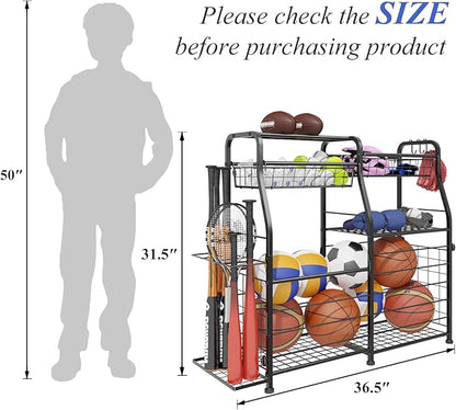 Garage Sports Equipment Organizer with Wheels - Ball Storage Rack with Elastic Rope or Wire Mesh,Garage Organizer System,Indoor/Outdoor Sports Rack for Sports Gear and Toys Storage,Black