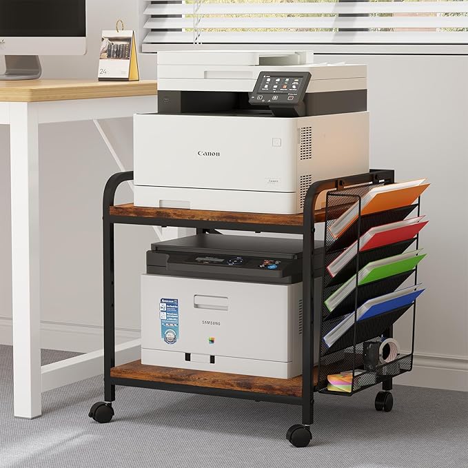 EasyCom Large Printer Stand with File Holder Organizer, Adjustable Height Shelf with Wheels, Rolling Printer Cart with Storage for Printer Scanner Fax Home Office Use Rustic Brown