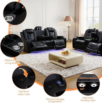 Living Room Furniture Sets, Power Reclining Sofa and Lovseat Set with Reading Light, Leather Recliner Couch Sets, Power Recliner Sofa with LED Storage Console/Cup Holder for Home/Apt/Office