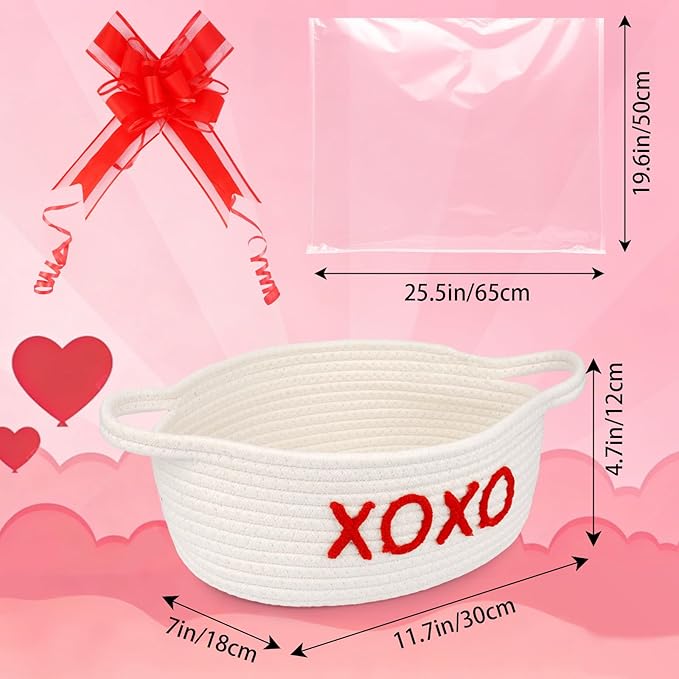 Woven Valentines Baskets for Gifts Empty with Ribbons Bow Tie and Bag, Gift Empty Decorative Box, Woven Rope Basket Storage for Gifts with Handles Home Decor (XOXO) 11" x7"x4.7"