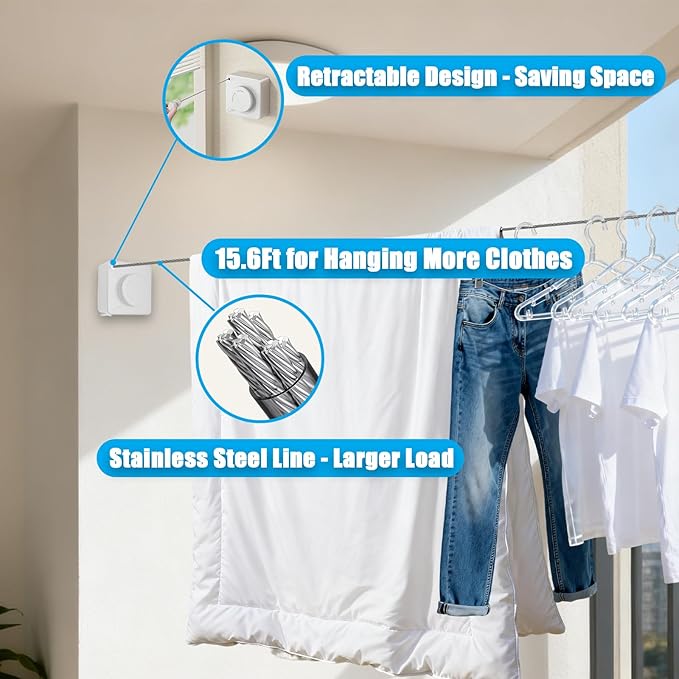 Retractable Clothesline, Non-Sagging Wall Mounted Laundry Line, Space-Saving Stainless Steel Clothes Line, Heavy Duty Drying Rack 15.6 Ft for Apartment, Dorms, RV & Travel (White)