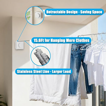 Retractable Clothesline, Non-Sagging Wall Mounted Laundry Line, Space-Saving Stainless Steel Clothes Line, Heavy Duty Drying Rack 15.6 Ft for Apartment, Dorms, RV & Travel (White)
