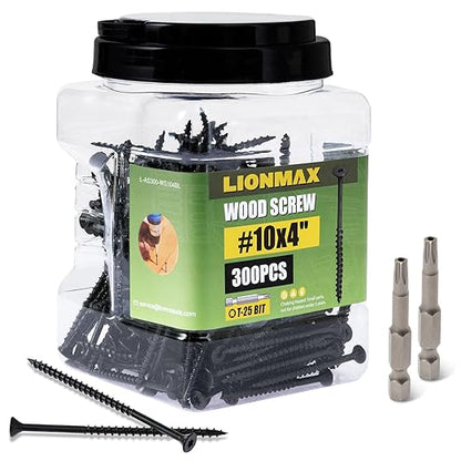 LIONMAX Deck Screws 4 Inch, Wood Screws #10 x 4, 300 PCS, Rust Resistant, Exterior Epoxy Coated, Outdoor Decking Screws, Torx/Star Drive Head Screw, T25 Star Bit Included, Black