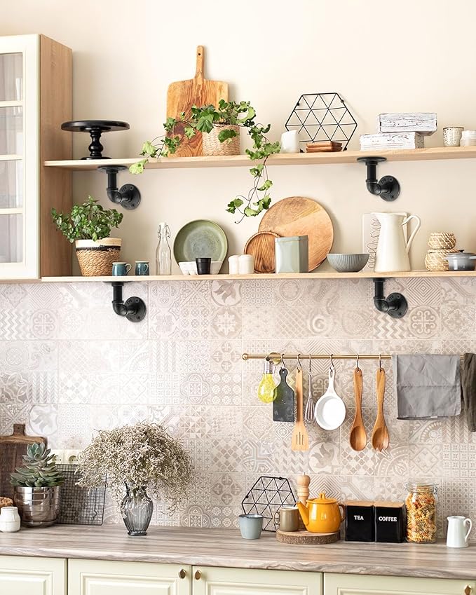 MUZIK Floating Shelf Bracket, 24 Pack Heavy Duty Wall Mount Metal Shelving Brackets for Shelves, Industrial Vintage Black Iron Finish DIY Pipe Shelving (4*4 Inch)