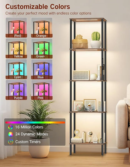5 Tier Display Shelves with RGB Lights, Display Cabinet with Touch & APP & Remote Control, Dimmable Bookshelf with Music Sync, Adjustable Color Lighting for Living Room, Bedroom
